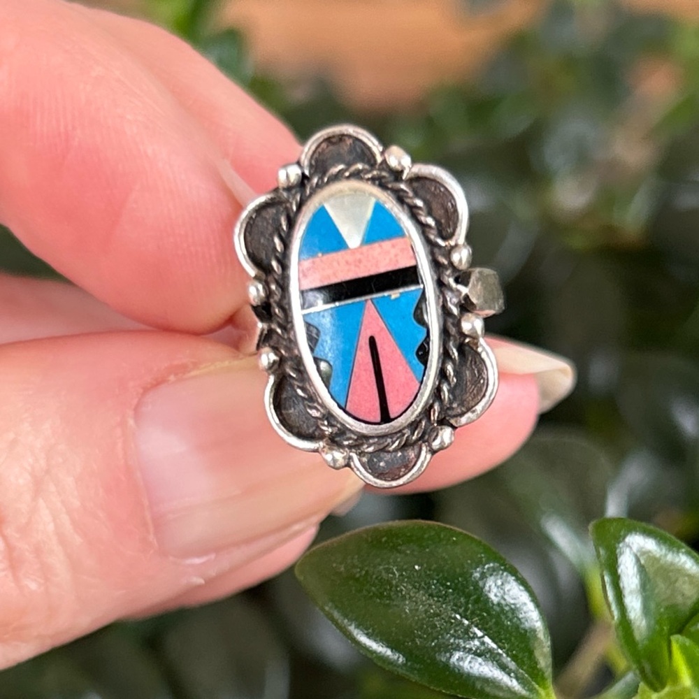 Native American Zuni Sterling Silver Inlay Ring